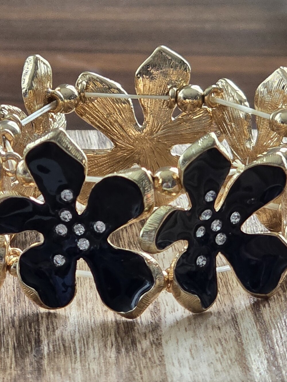 Vera Bradley Gold and Black Floral Stretch Bracelet with Crystal Accents